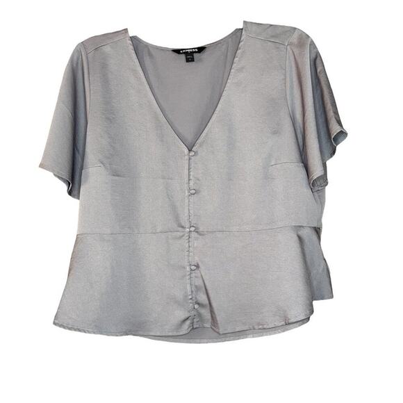 Express Grey Silky Short Sleeve Blouse Button Details Peplum Corporate Top - Picture 1 of 7